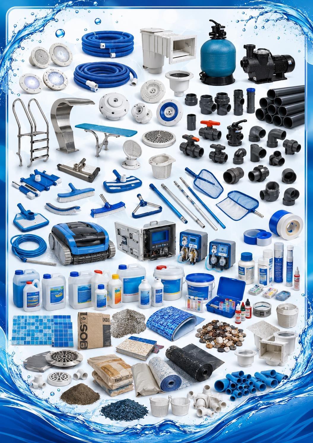 Swimming pool equipment and materials used by SUMS Pools — pumps, filters, tiles, lights, chemicals and plumbing fittings