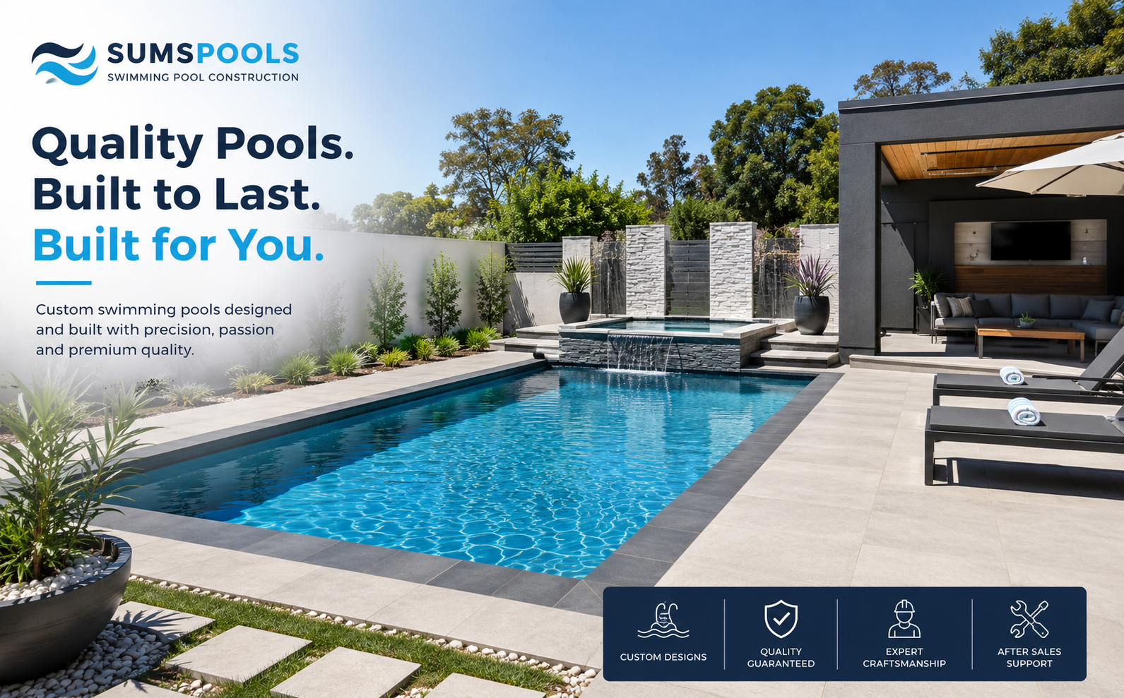 Luxury residential swimming pool with waterfall feature and covered patio, built by SUMS Pools & Construction in Zimbabwe