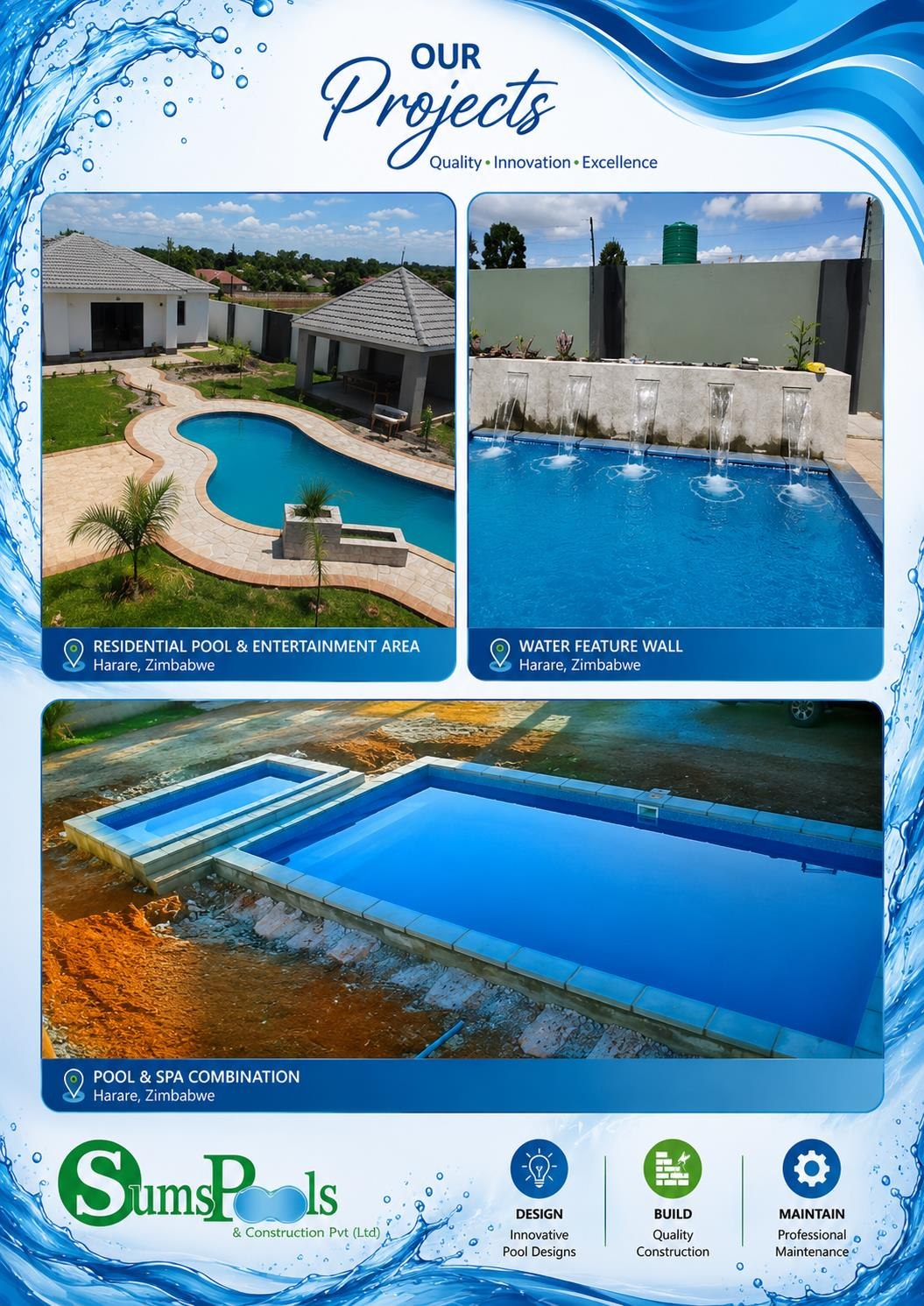 Residential pool with entertainment area, and a pool water feature wall, Harare, Zimbabwe