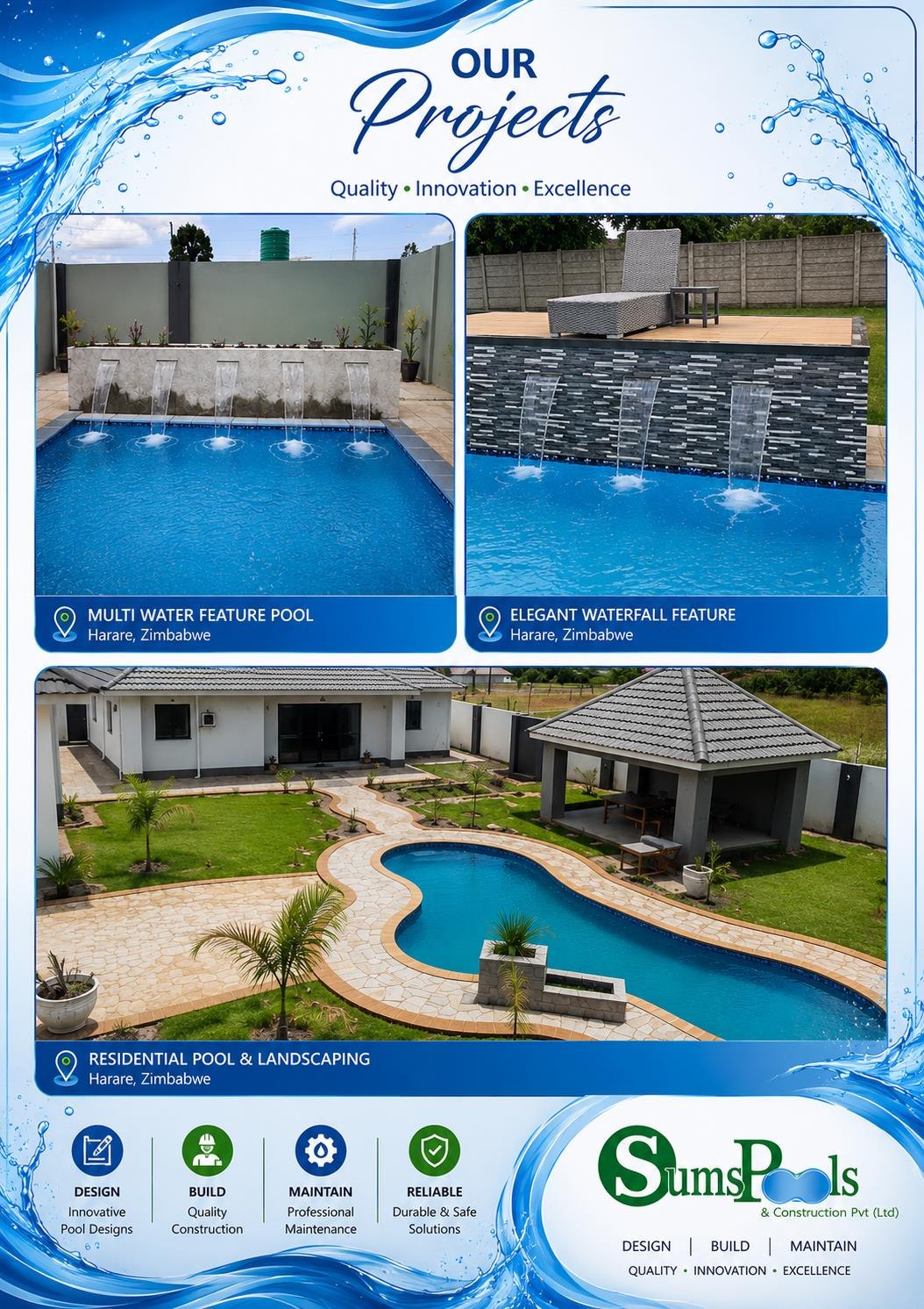 Multi water feature pool and elegant waterfall feature built by SUMS Pools, Harare, Zimbabwe